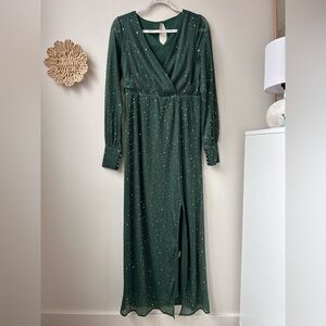 Green Sparkle Long Sleeve Wrap Maxi Dress